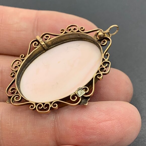 14KY Gold Victorian Shell Cameo Pendant w/ Scroll Filigree Frame 1.75 x 1.25" - Picture 4 of 10